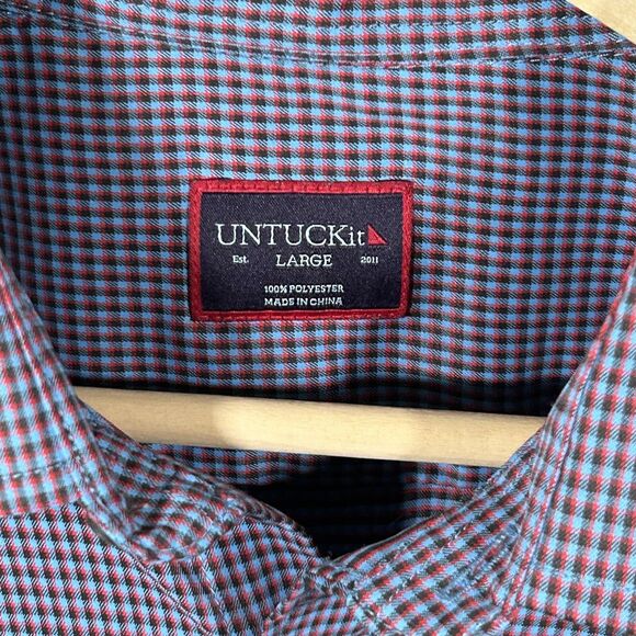 UnTuckit Symington Wrinkle Free Shirt Size Large Blue Red Check Button Down - Picture 4 of 6